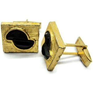 Cufflinks Gold Tone Black Stones  Tux Shirt Dress Suit Vintage